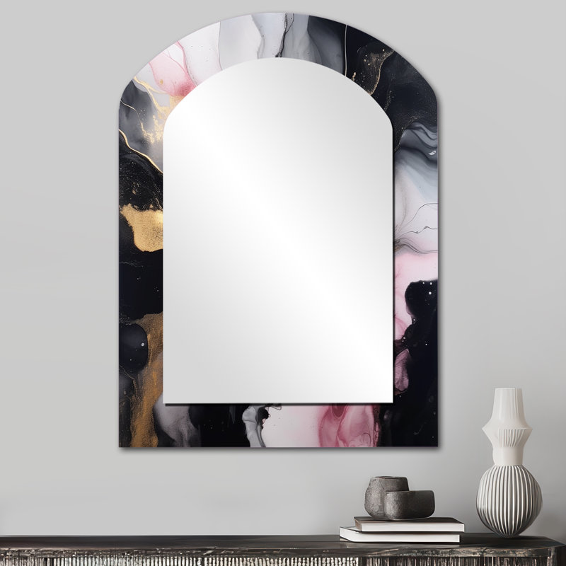 Marbre noir doré Marble Splash II - grand miroir asymétrique en marbre, décor de miroir mural unique arche moderne, impression d'art en métal