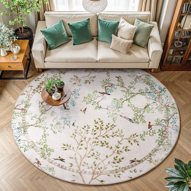 Floral Rug Botanical Birds Print Nature Plants Washable Non-slip, Ivory, Round 7'