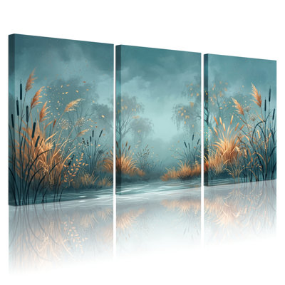 Misty Reeds, reproduction d'art sur toile tendue à l'huile sur toile, ensemble de 3 pour le salon