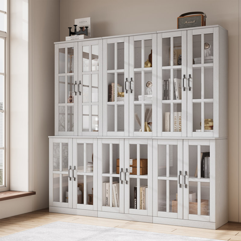 71"H X 71"W Display Cabinet With Glass Doors,Modular Modular Book Cabinet, White