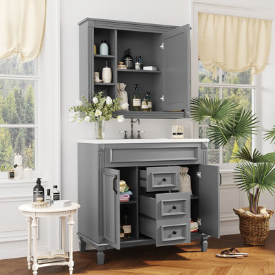 36'' Bathroom Vanity with Top Sink, Grey Mirror Cabinet