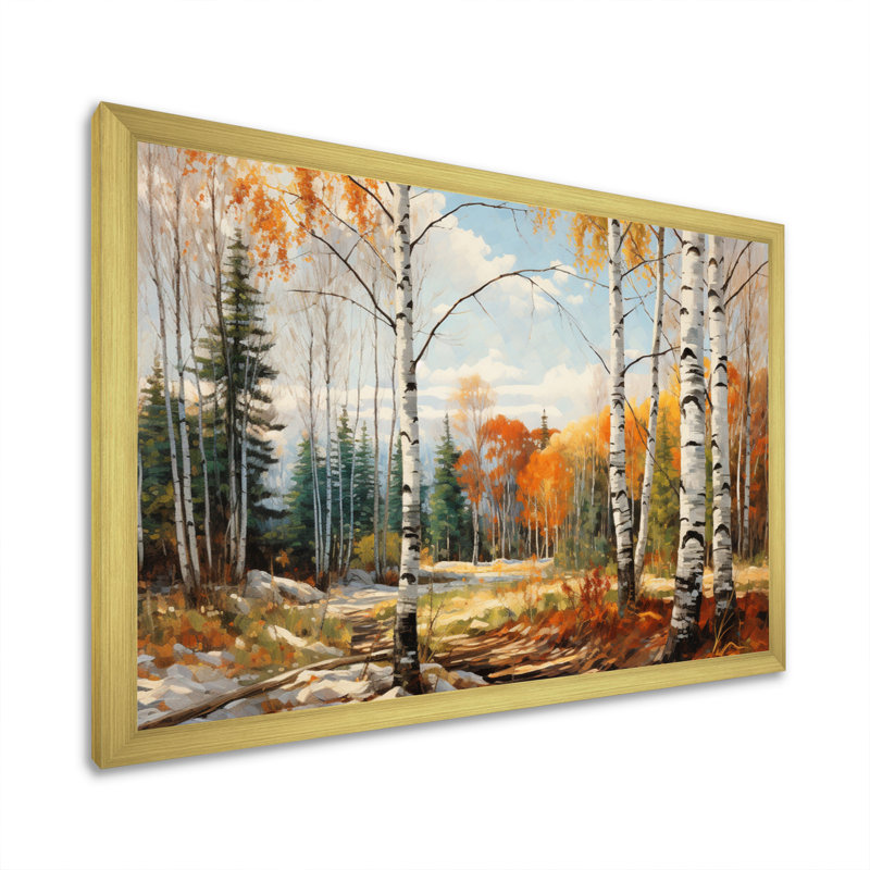 Bouleau saisonnier en bois de bouleau II - art mural grand bouleau, Encadrement doré, H 34 po x l 44 po x P 1,5 po