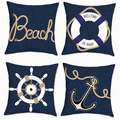 Nautical Anchor Throw Pillow Set - Texture Decorative Cushion Covers for Couch Sofa Bed - Outdoor Home Decor - Set of 4
