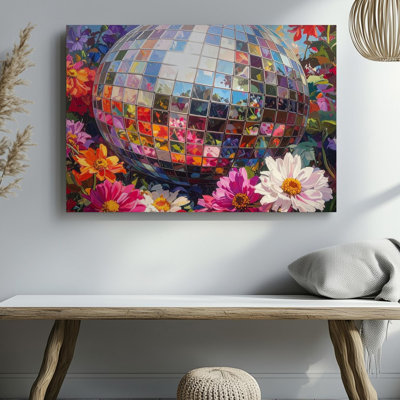 Art mural sur toile Disco Bloom, toile florale, nature morte avec boule disco réfléchissante prête à être accrochée à la galerie