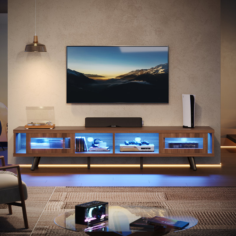 70'' Mid-Century Modern TV Stand with LED Lights Sliding Doors, Media Console for TVs up to 75'', Ancona Walnut
