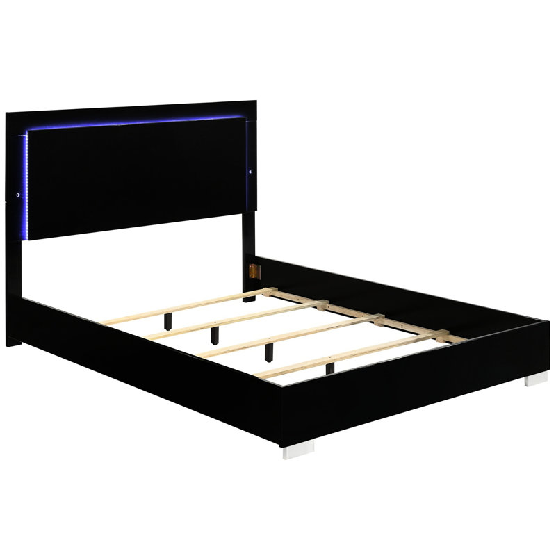Contemporary Style Piano Black Queen Bed With Finish And Accents On Headboard Modern Size Vertical Handles - Trimmed Legs
