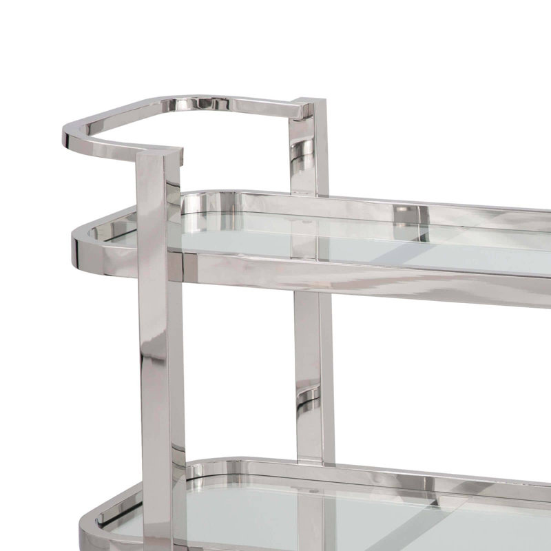 Carter Polished Stainless Steel Rectangular Bar Cart with Glass Shelves