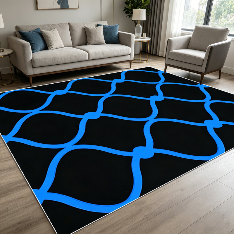 1PC Bright Blue Curved Geometric Trellis area rugs for Living Room, Soft and Comfortable, Suitable for all seasons, easy-to-maintain, machine washable Indoor floor mat, Under Table Farmhouse suitable for dining table, bedroom, entryway, patio,