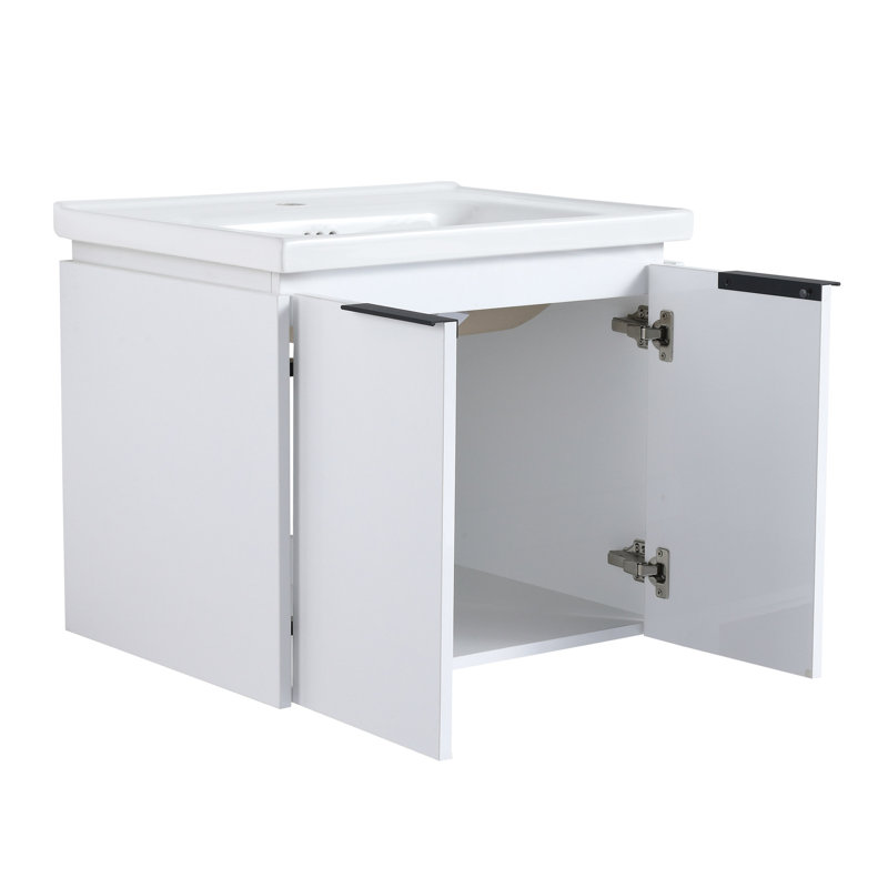 60" White Bathroom Vanity With Shelves And Ceramic Basin - Classic Look Wall Mounted Sink Cabinet Elegant Option