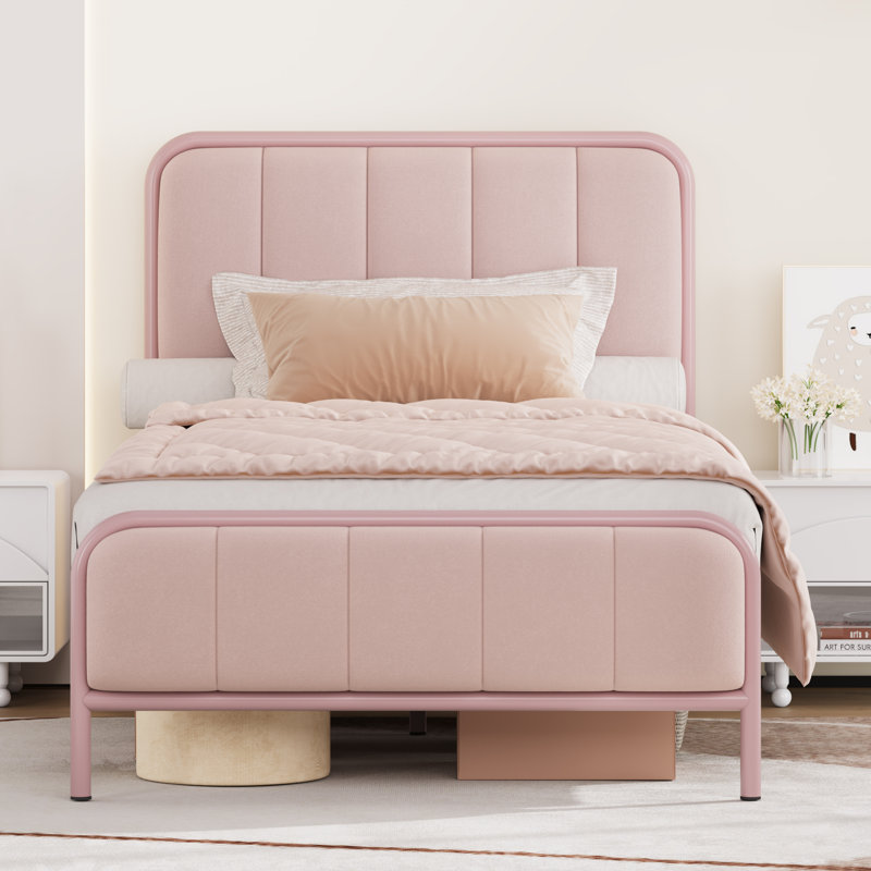 Upholstered Platform Bed with Velvet Headboard, Pink, Twin