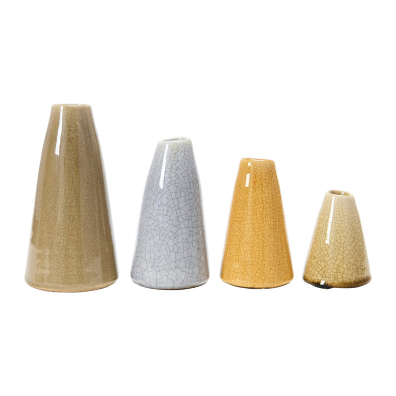 Conical Stoneware Bud Vases in Crackle Glaze, Light Brown/Gray/Taupe