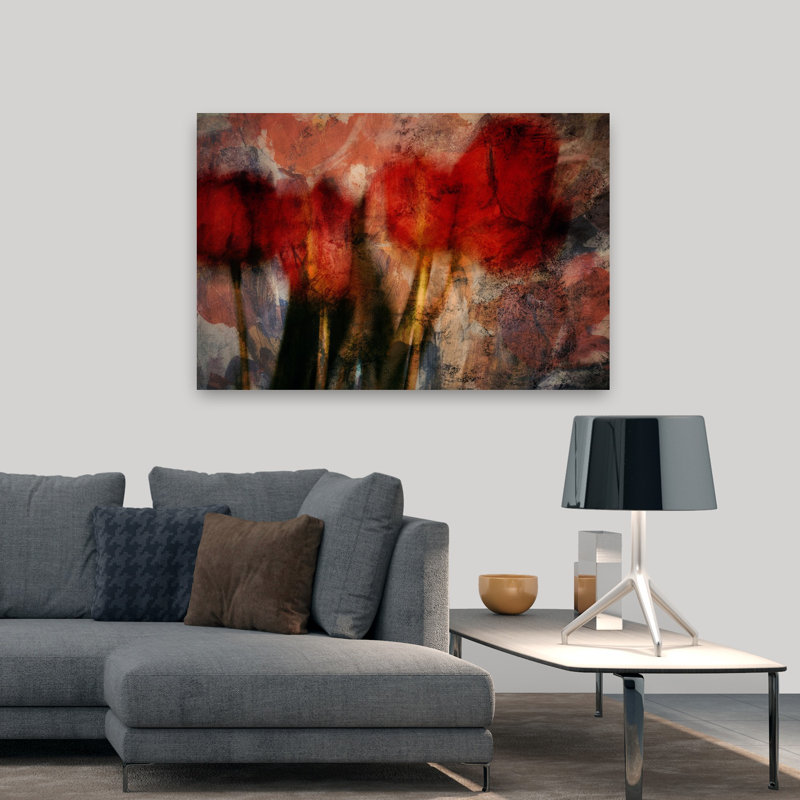 «Red Tulips», art mural contemporain abstrait, H 48 po x l 32 po