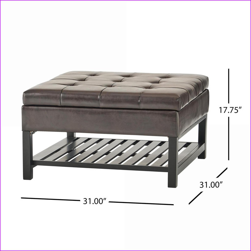 Table repose-pieds avec rangement, carré en cuir reconstitué brun noyer 31 po avec tablette inférieure pour le salon | Noyer brun | Bois espresso