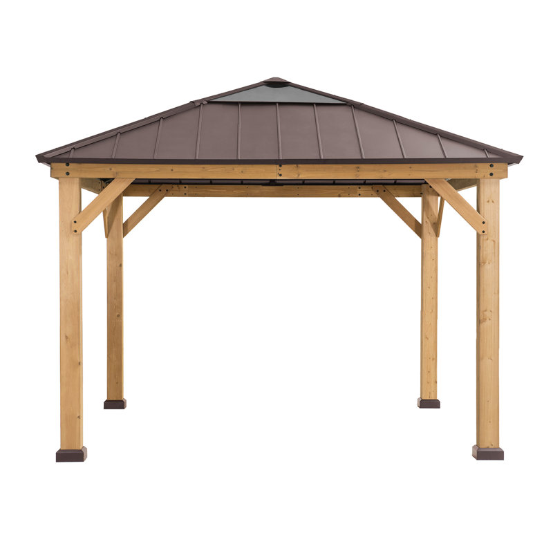 Sunjoy Hardtop Gazebo 11 x 11 ft. Standard Cedar Framed Wood Gazebo with Brown Steel and Polycarbonate