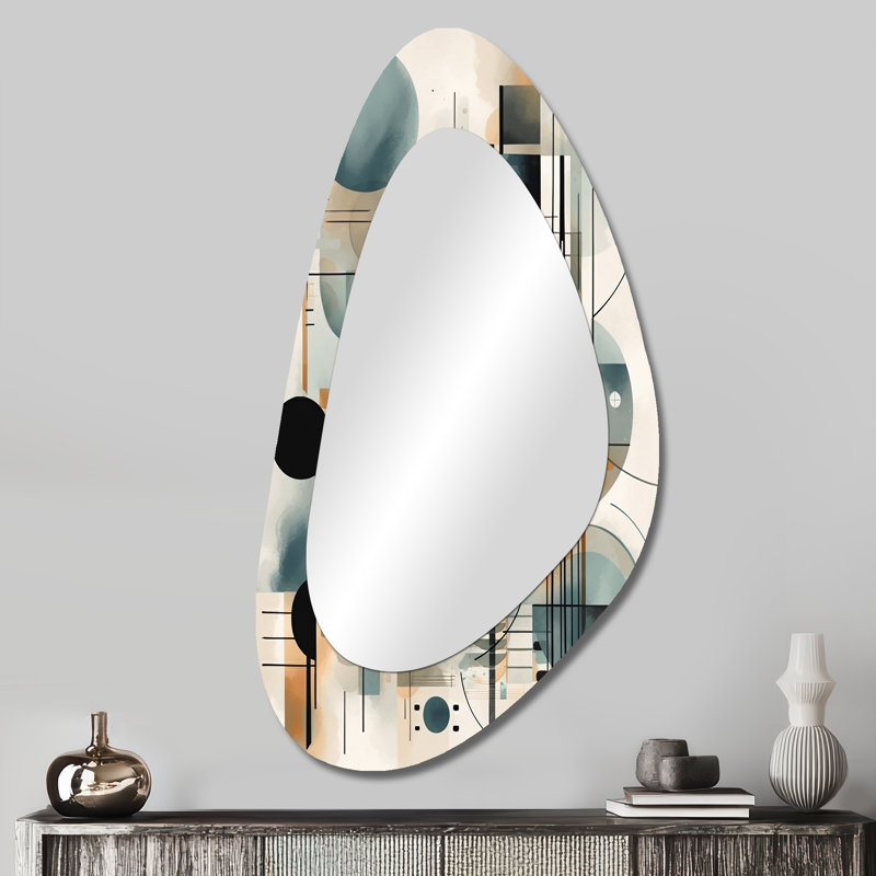 Blue Cream Minimalism Quiet Depths - Minimalism Asymmetrical Wall Mirror, Modern Irregular Shape Decorative Mirror, Printed Metal Art