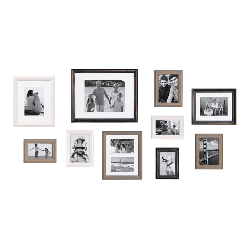 Rayburn Solid + Manufactured Wood Picture Frame - Set of 10 with Mat, Black/ White and Gray all with Rustic Finish