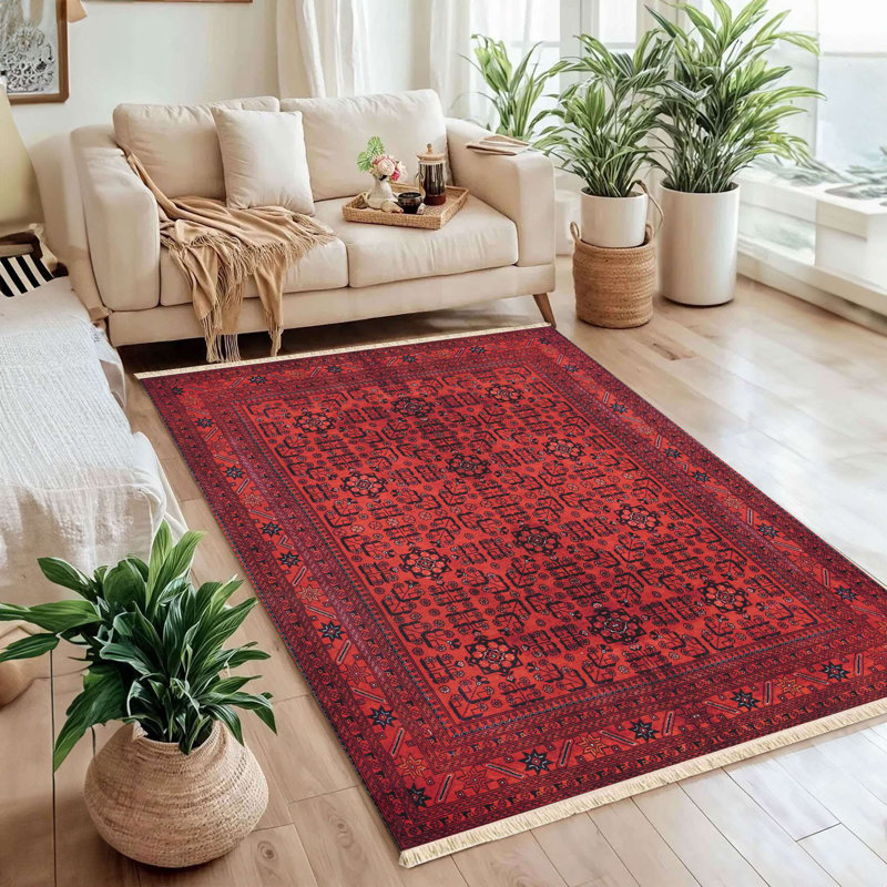 Tapis traditionnel rouge foncé à imprimé tribal