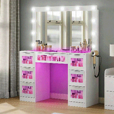 Vanity Desk with Mirror and Lights,7 RGB Drawers Vanity Table,Makeup Vanity with Charging Station & Vanity Stool,for Bedroom,Dressing Room, White