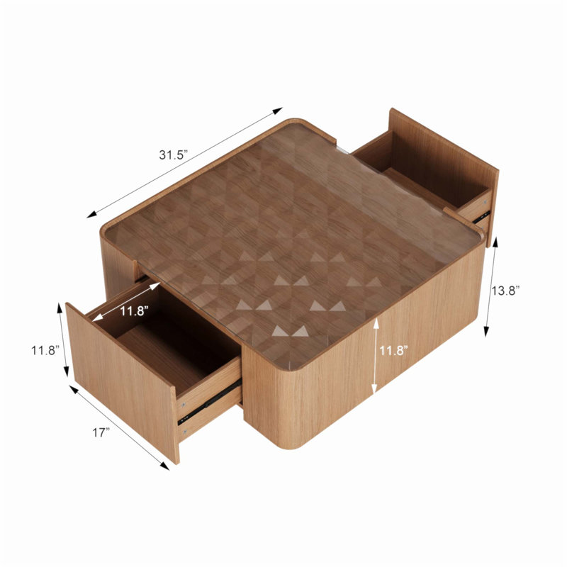 Table basse de 31,5 pouces carrée avec rangement, conception moderne en bois avec plateau en verre pour le salon et le bureau