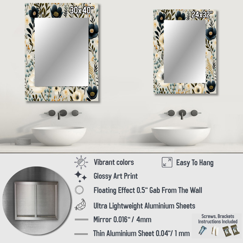 Lodovica Minimalist Boho Chic Floral Pattern - Floral Wall Mirror, Cottage Decorative Mirror, Printed Metal Art, 32" x 24"