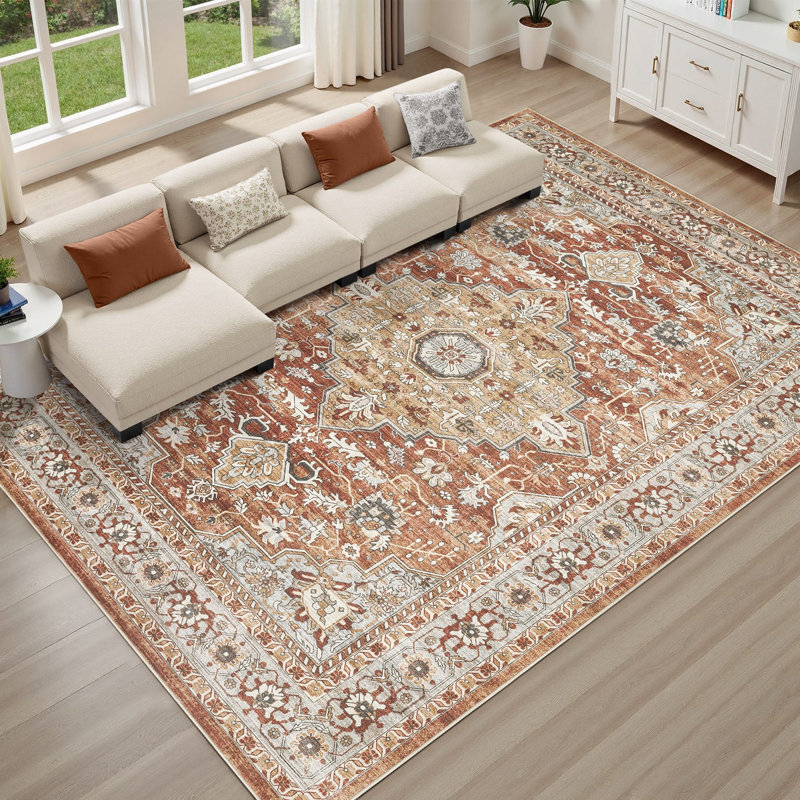 Tapis oriental lavable Aasen Boho - rouge / brun, Rouge / Brun, Rectangle 10 pi x 14 pi