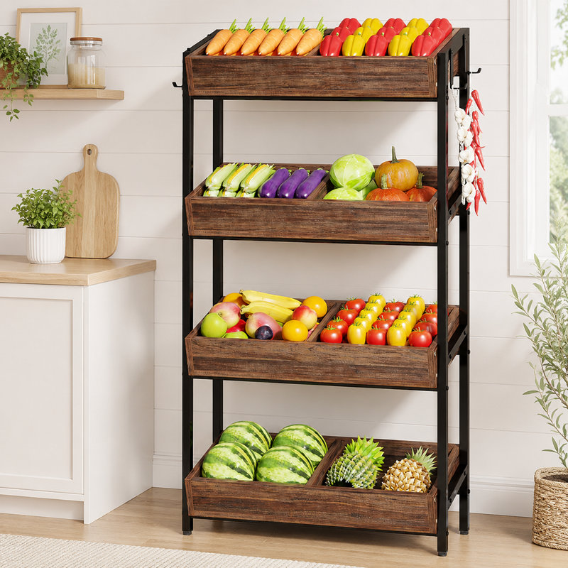 4-Tier Fruit and Vegetable Storage Rack, Freestanding Produce Organizer with Slanted Wooden Baskets and Side Hooks, Kitchen Pantry Storage Shelf for Fruits, Vegetables, Snacks and Produce, Rustic Brown
