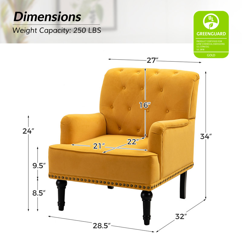 Jakub 28.5" W Velvet Tufted Polyester Armchair with Nailhead Trim, Mustard Velvet