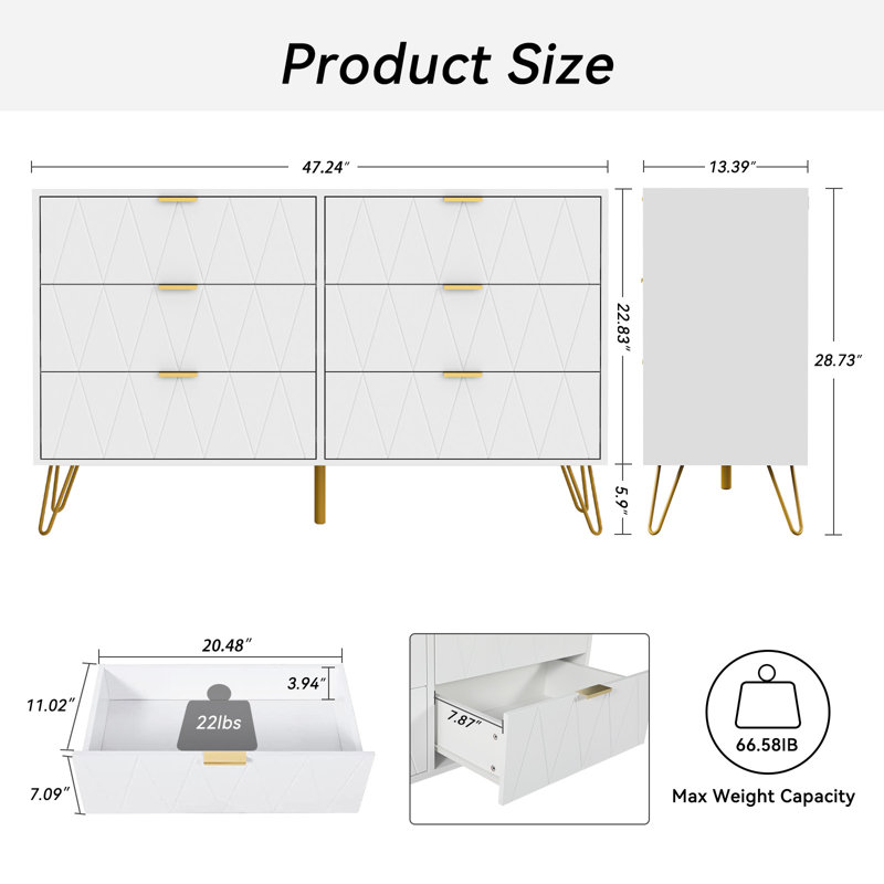 Marable 47.24'' W 6 - Drawer Dresser, White