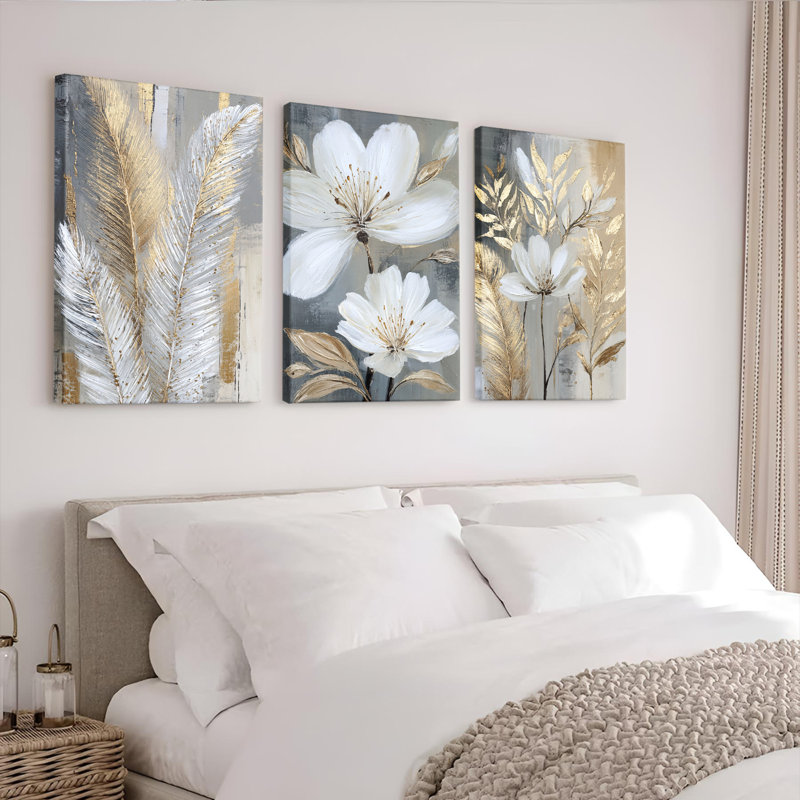 Or et blanc, art mural sur toile tendue à motif floral abstrait (ensemble de 3), H 30 po x l 60 po