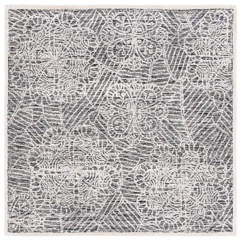 Geesey Hand Tufted Wool/Bamboo Silk/Cotton with Cotton Backing Floral Rug in Ivory/Black, Square 6'