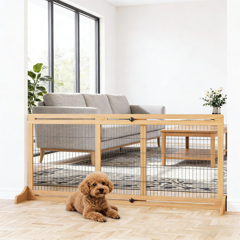 Barrière pour animaux autoportante, réglable de 104 à 180 cm, pour portes et terrasses. Cadre en pin et fil d'acier. Design moderne, installation facile. Largeur adaptée aux chiens de petite et moyenne taille. Facile à nettoyer.