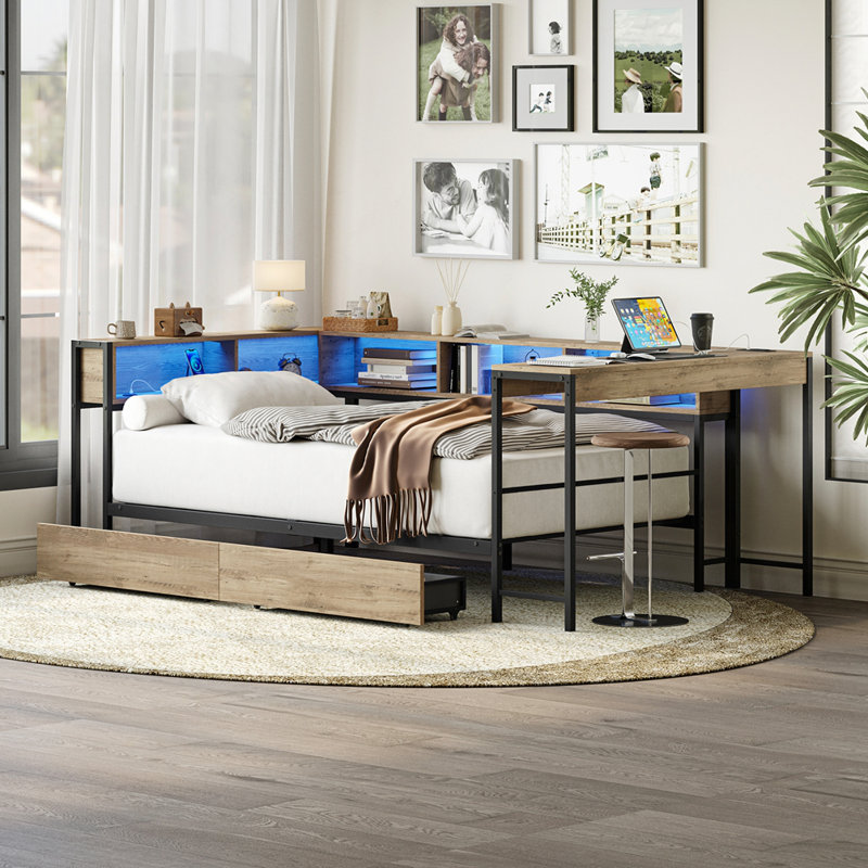 Twin Size Daybed  with Bookcase and 2 Drawers, gray, Twin