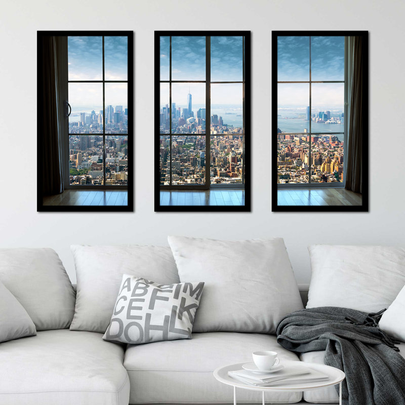 New York City Window - Ensemble de 3 photos encadrées, H 33,5 po x l 52,5 po x P 1 po