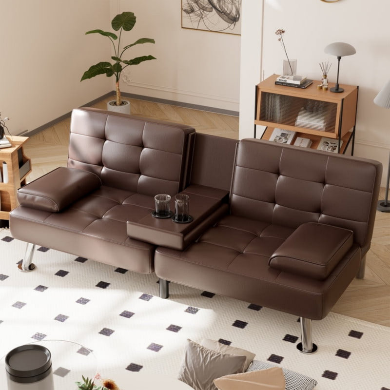Futon Sofa Bed Convertible Folding Faux Leather Couch with 2 Cup Holders, Brown
