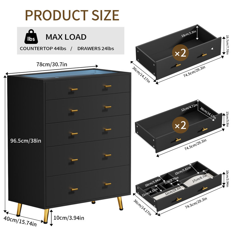 30.7"W 5 Drawer Dresser with LED Lights, 39"H Tall Chest Of Drawers For Bedroom & Wardrobe Closet Island With Tempered Glass Top & Jewelry Dresser & Glass Dresser, Black