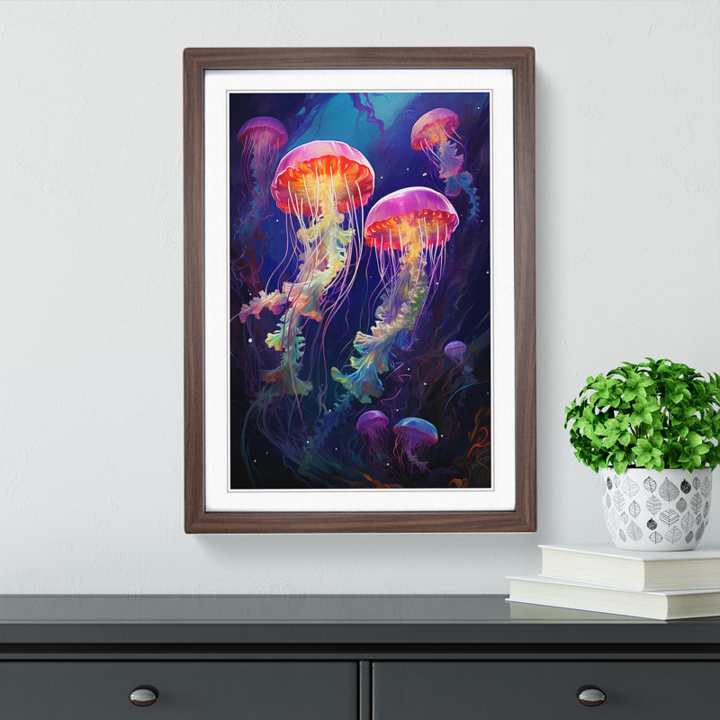 Jellyfish Abstract - Single Picture Frame Print on Wood, 34cm H x 25cm W x 2cm D, Walnut Framed