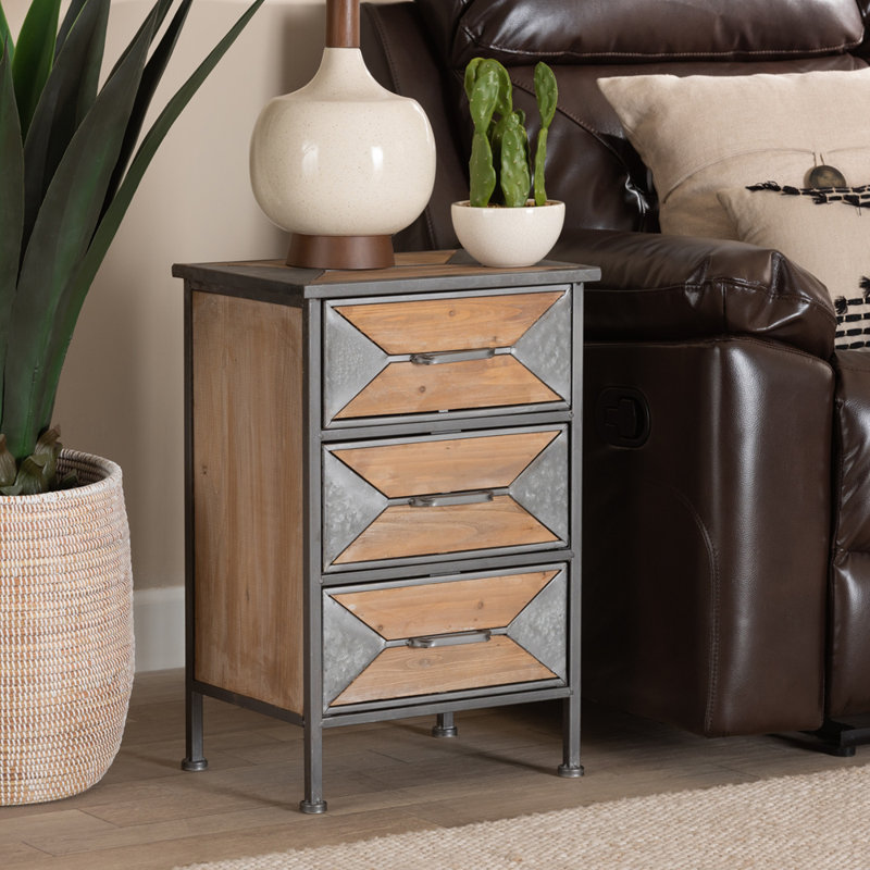 Jimia 3-Drawer Nightstand in Grey & Oak Brown Finished Wood, 23.8'' H X 15.7'' W X 11.8'' D