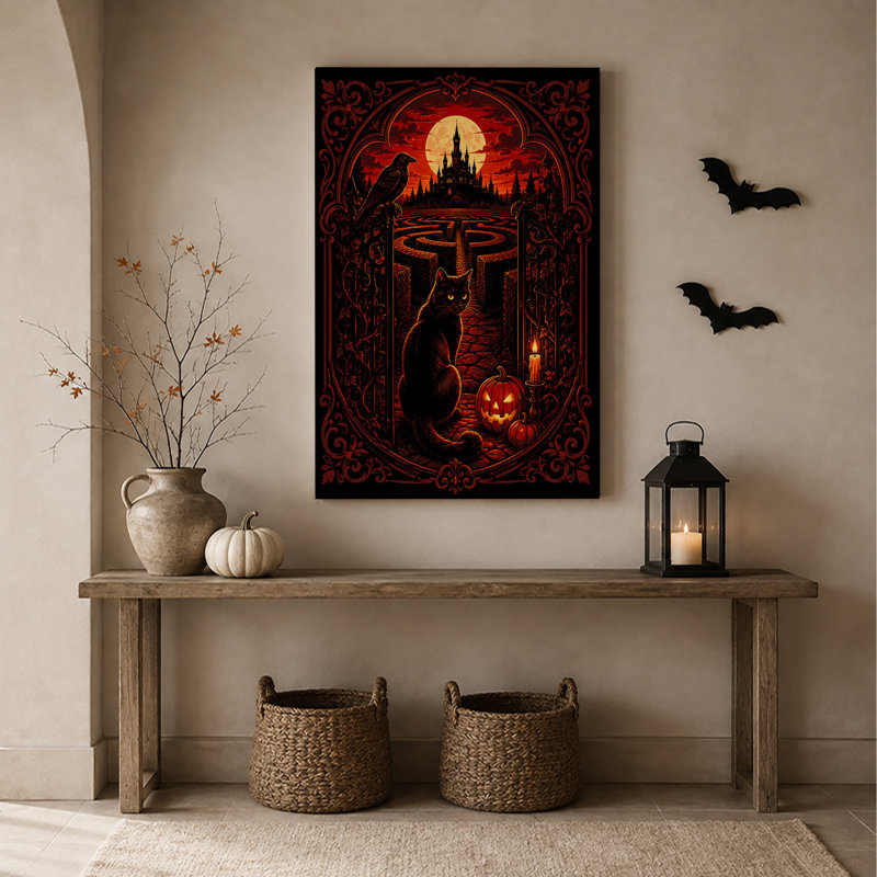 Art mural sur toile gothique, chat noir et citrouille au labyrinthe d'Halloween, H 48 po x l 36 po