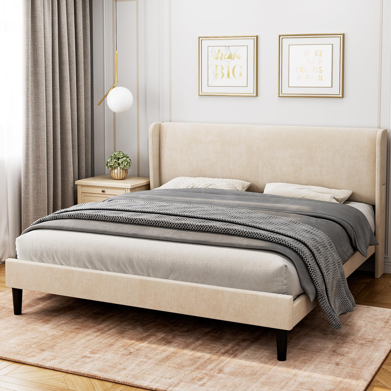 Structure de lit plateforme avec tête de lit tapissier à oreilles, aucun sommier tapissier requis, Beige, Grand lit