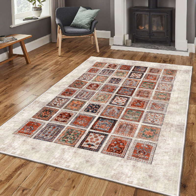 Premium 100% Cotton Area Rug, 31.5 x 47.2 Inches | 1200 Grams/Sq Metre, Pile Height: 0.4 Inches, Total Thickness: 0.3 Inches | Antibacterial, Machine Washable, Non-Slip PVC Underside, Elegant Cream & Orange Design