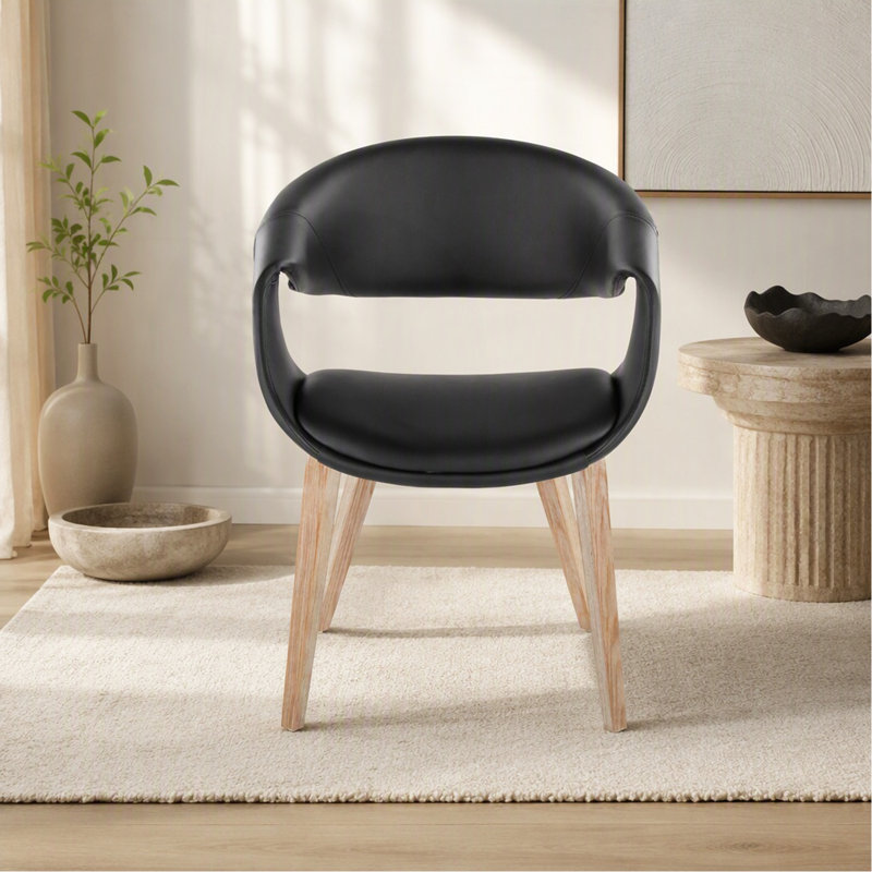 Chaise rembourrée en bois blanchi et similicuir noir - ensemble de 2