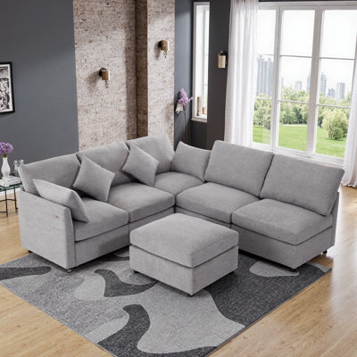 Transformable Modular Sectional Sofa with Movable Ottoman & USB Ports, Light Grey