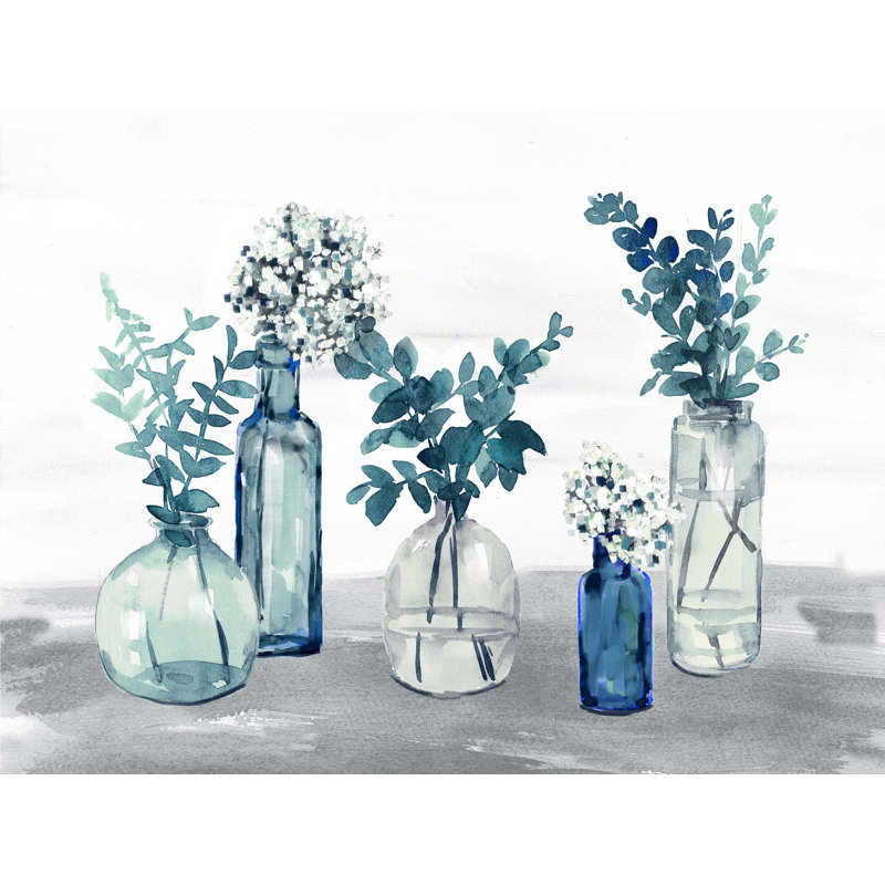 Aquarelle de feuilles de marine dans des contenants en verre - impression sur toile tendue, H 12 po x l 16 po