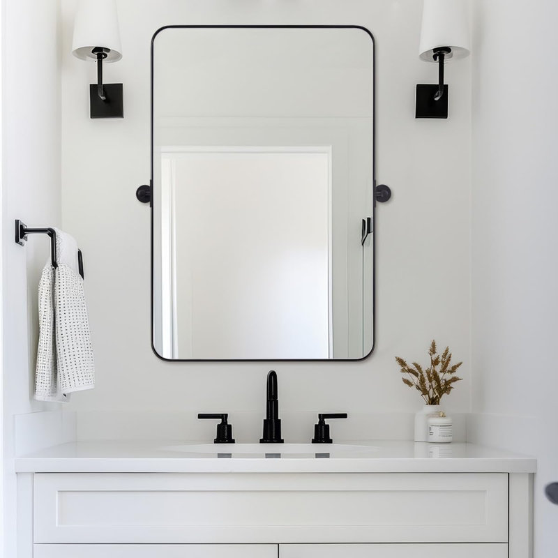 Miroir de salle de bain mural moderne inclinable | Cadre pivotant en acier inoxydable, Noir mat, 30 po x 20 po