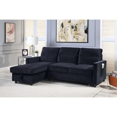 81.5" Black Velvet Reversible Sleeper Sectional Sofa with Storage Chaise and Side Pocket