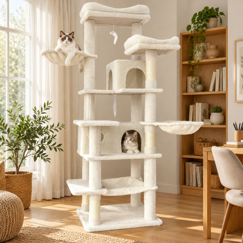 Arbre à chat 68 pouces beige avec hamacs, panier suspendu et poteaux à griffer en sisal