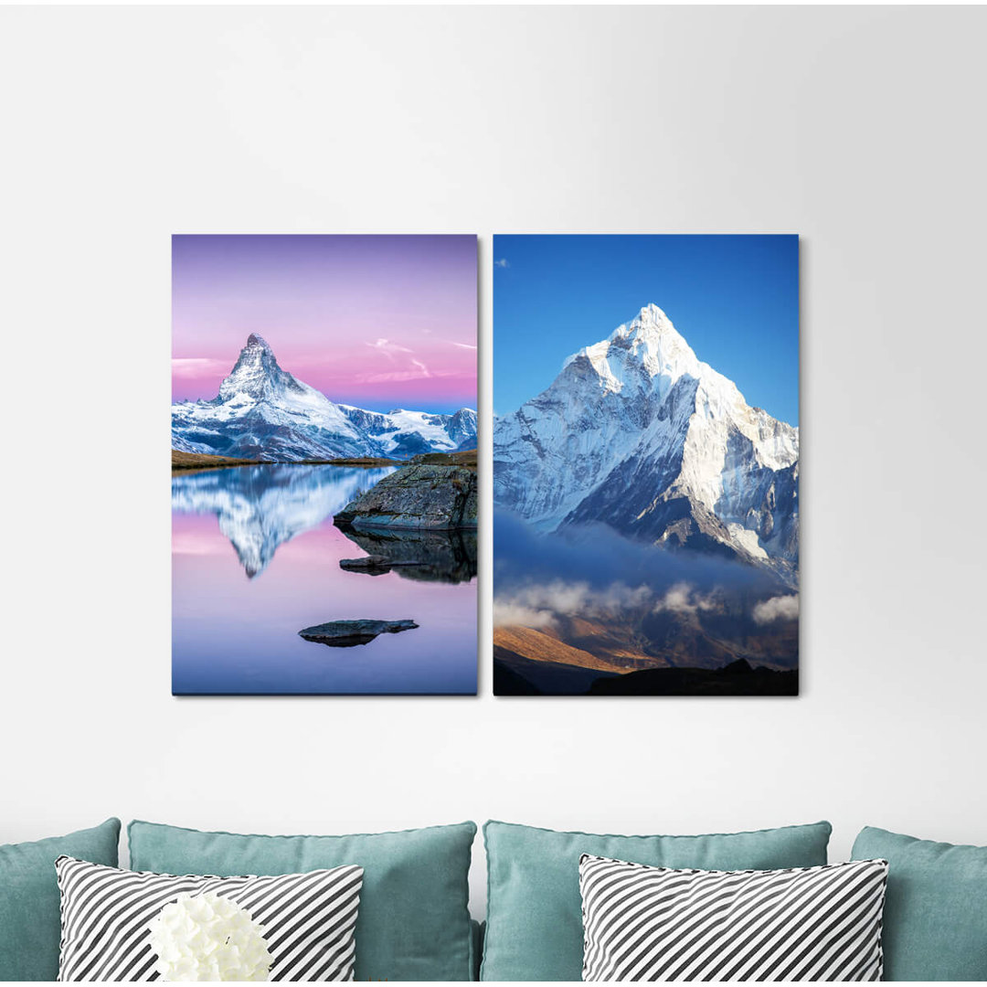 2-tlg. Leinwandbilder-Set - Fotografie "Matterhorn-Schnee-Gipfel Aurora Borealis-Nacht Majestätisch himmlisch"