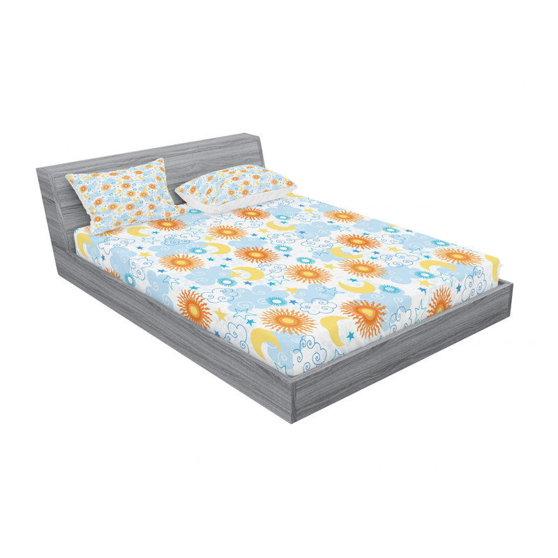 Microfiber Floral Sheet Set, Queen Sheet Set with Fitted Sheet, Graphic Tile With Clouds Floral