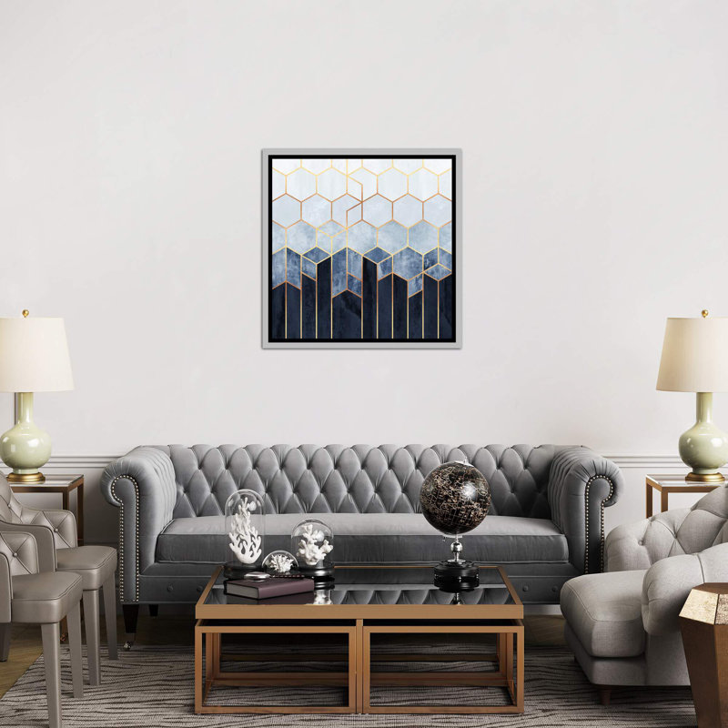 « doux blue hexagones » par elisabeth fredriksson-print, H 26 po x l 26 po x P 1,5 po, Toile avec cadre argenté