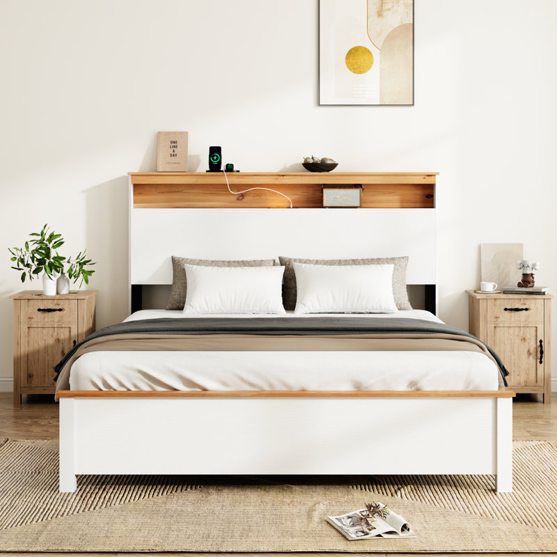Queen Bed Frame Of American Traditional Design, Antique White, Storage Headboard With Charging, Led, Slats, Under Room For Bedroom, Traditional, Led , Structure, Space
